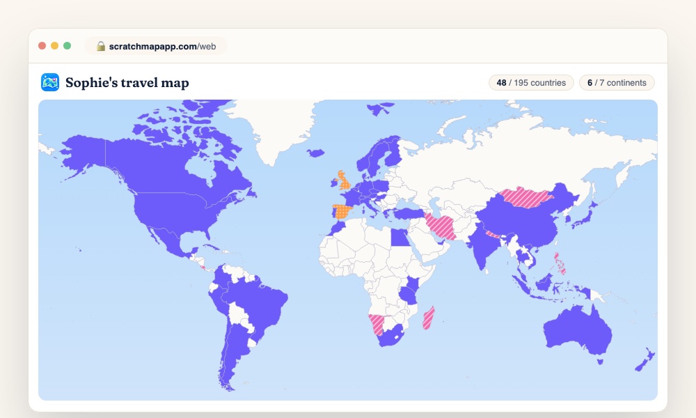 Preview of Scratch Map for Web: a travel map open in a browser